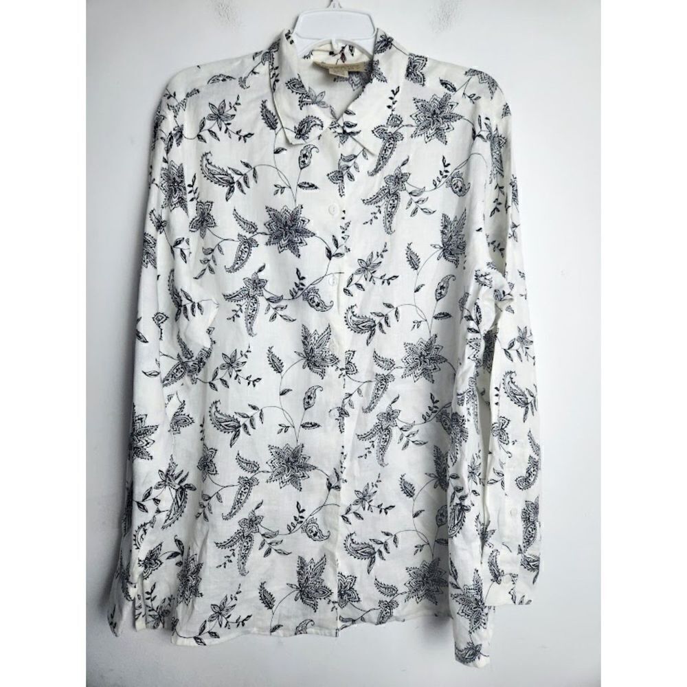 Jones New York Country White & Black Floral 100% Linen Tunic Blouse sz 10/XLarge